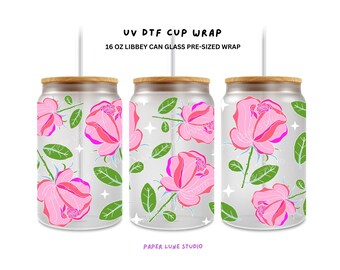 Pink Rose 16oz Can Glass Wrap PNG, Hand-Drawn Floral Design (Digital Download)