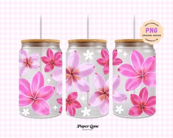 Plumeria 16oz Libbey Can Glass Wrap Design transparent PNG Digital Download for UV DTF transfer, original hand-drawn art, Commercial Use