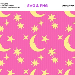 Puede incluir: Patrón sin costuras con lunas y estrellas amarillas sobre fondo rosa. El diseño incluye un patrón de cuadrícula. El texto "SVG & PNG" es visible. Descarga digital, 30.48 cm x 30.48 cm, uso comercial.