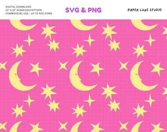 Moon Stars Vector Seamless Pattern Pink Background (PNG, SVG Digital Download)