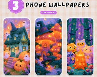 3 Spooky and Cute Phone Wallpapers PNG Digital Download