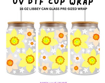 Daffodils 16oz Libbey Can Glass Wrap Design transparent PNG Digital Download for UV DTF transfer, original hand-drawn art, Commercial Use