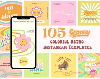 Plantillas retro de Instagram con estilo: tema veraniego colorido (descarga digital)