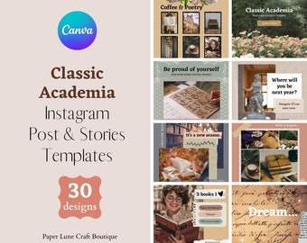 CLASSIC ACADEMIA Instagram Post Templates Books Writing Literature Poetry Editable in Canva Vintage Aesthetics for Content Creators