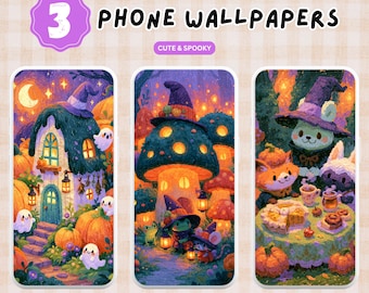 3 Spooky and Cute Phone Wallpapers PNG Digital Download