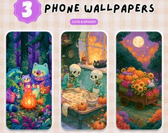 3 Spooky and Cute Phone Wallpapers PNG Digital Download