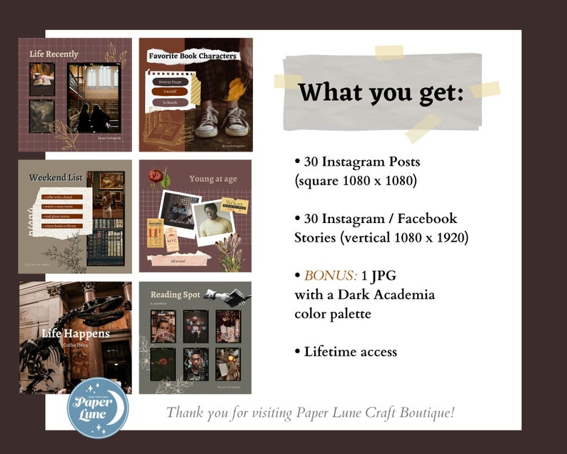 DARK ACADEMIA Plantillas de publicaciones de Instagram editables en Canva Estética vintage Publicación en redes sociales Creador de contenido Marca para pequeñas empresas imagen 8