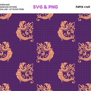 Puede incluir: Patrón repetitivo de una figura alada melocotón con detalles ornamentados sobre un fondo morado oscuro con cuadrícula. El texto "SVG & PNG" es visible. Descarga digital.