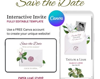 Modern Vintage Heirloom Magnolia Save the Date Website Template (Digital Download) Canva Template Pink Sage Green Heirloom Wedding Invite