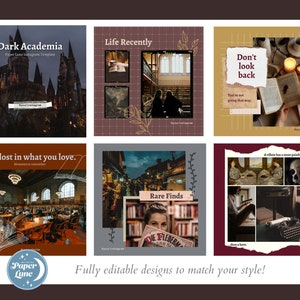 Puede incluir: Un collage de seis plantillas de publicaciones de Instagram con un tema de academia oscura. Las plantillas presentan im&aacute;genes de libros, bibliotecas y otros entornos acad&eacute;micos. El texto en las plantillas incluye frases como "Dark Academia", "Life Recently", "Get lost in what you love" y "Rare Finds".
