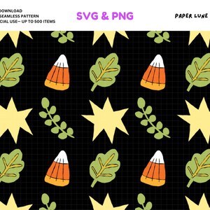 Puede incluir: Diseño de patrón sin costuras con caramelos de maíz, hojas y estrellas sobre un fondo de cuadrícula negra. El diseño incluye el texto "SVG & PNG" y "DESCARGA DIGITAL PATRÓN SIN COSTURAS DE 12" X 12" USO COMERCIAL - HASTA 500 ARTÍCULOS".