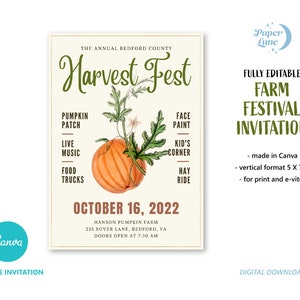 SZABLON CANVA W pełni edytowalny motyw Vintage Pumpkin na farmie, zaproszenie na przyjęcie jesienne, festiwal żniw, natychmiastowe pobranie 5 x 7 cali E-zaproszenie i wydruk