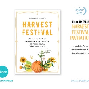 SZABLON CANVA W pełni edytowalny motyw Vintage Pumpkin Theme, zaproszenie na jesienne przyjęcie z okazji Święta Plonów, natychmiastowe pobranie cyfrowe 5X7 E-vite i wydruk