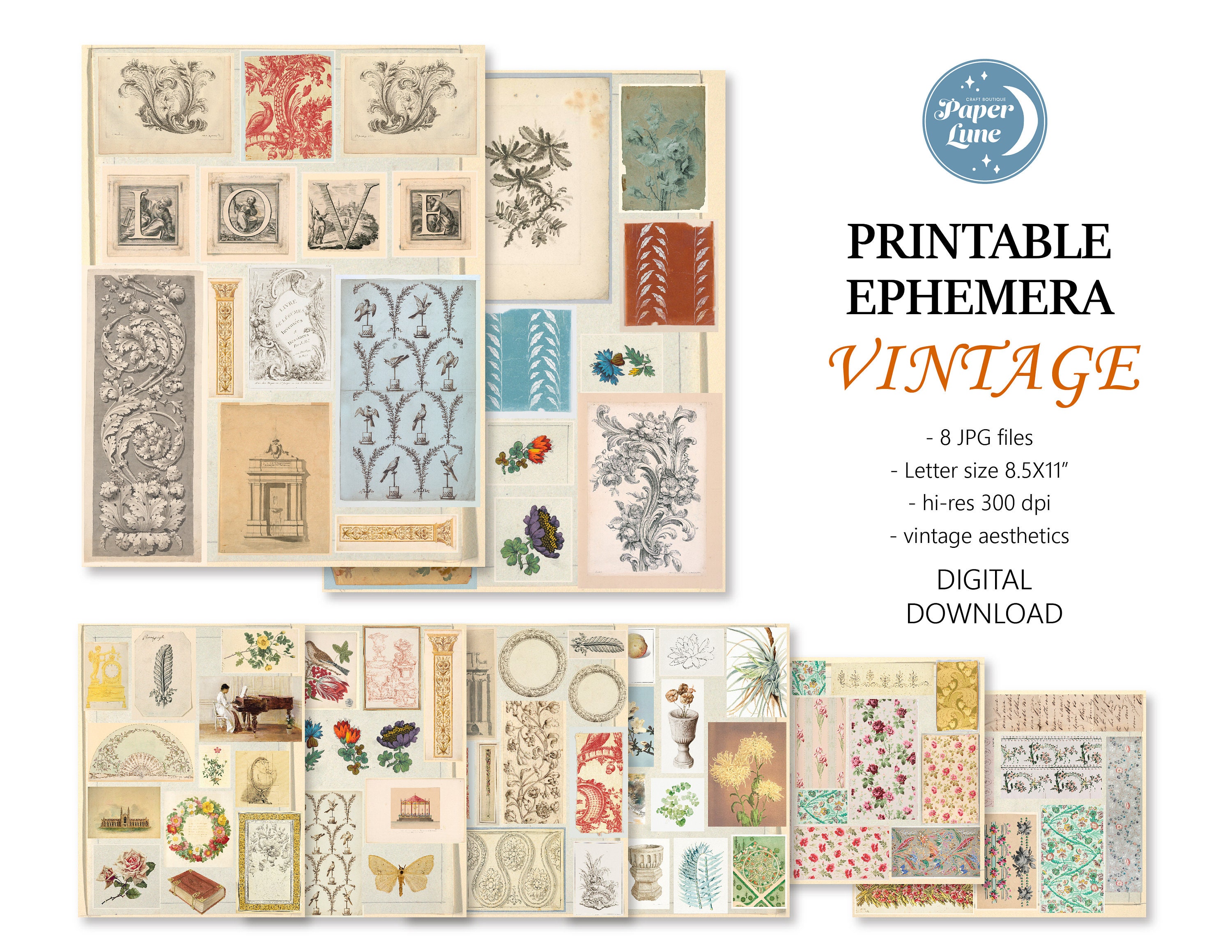 Printable Ephemera Set 8 Letter Size 8.5X11'' Sheets Vintage Journal ...