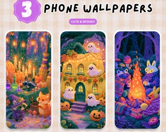 3 Spooky and Cute Phone Wallpapers PNG Digital Download