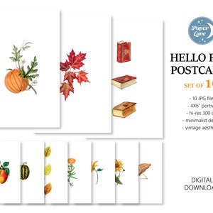 Könnte beinhalten: Set mit 10 digitalen druckbaren Postkarten mit herbstlichen Illustrationen. Die Illustrationen beinhalten einen Kürbis, Ahornblätter, einen Apfel, eine Sonnenblume, ein Buch und mehr. Die Postkarten sind 10,16 x 15,24 cm groß und haben eine Auflösung von 300 dpi.