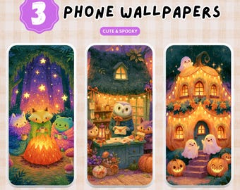3 Spooky and Cute Phone Wallpapers PNG Digital Download