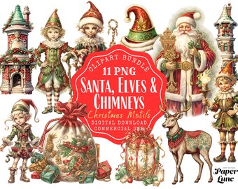 Vintage Christmas Clipart Bundle: Santa, Elves, Chimneys (Digital Download)
