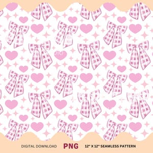 Può includere: Uno schema senza cuciture con fiocchi gingham rosa e cuori su uno sfondo bianco. Lo schema misura 30,48 cm per 30,48 cm.