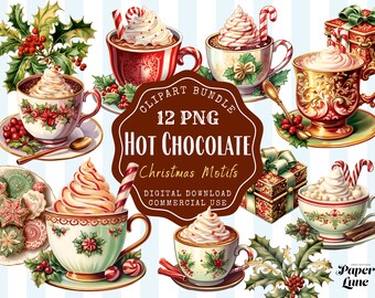 Vintage Christmas Hot Chocolate Clipart: Holly PNG Bundle (Digital Download)