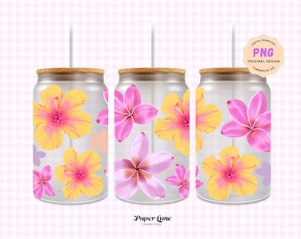 Hibiscus 16oz Libbey Can Glass Wrap Design transparent PNG Digital Download for UV DTF transfer, original hand-drawn art, Commercial Use