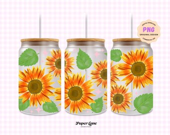 Sunflowers 16oz Libbey Can Glass Wrap Design transparent PNG Digital Download for UV DTF transfer, original hand-drawn art, Commercial Use