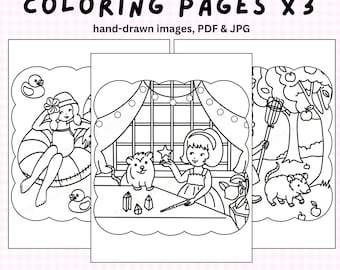 Hand-Drawn Coloring Pages, Kids Activity, Printable Art (3 PDF & JPG Files) Cozy Coloring Digital Download