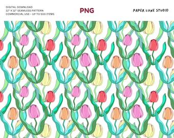 Tulips Seamless Pattern: Transparent Background, Hand-Drawn Design (PNG Digital Download)