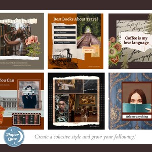 Puede incluir: Un collage de seis im&aacute;genes con una est&eacute;tica vintage marr&oacute;n. Las im&aacute;genes incluyen una cita sobre historias, una lista de libros sobre viajes, una taza de caf&eacute; con el texto "El caf&eacute; es mi idioma del amor", una persona sosteniendo una pila de libros, una persona en un museo y una persona sosteniendo un libro con el texto "Preg&uacute;ntame cualquier cosa".