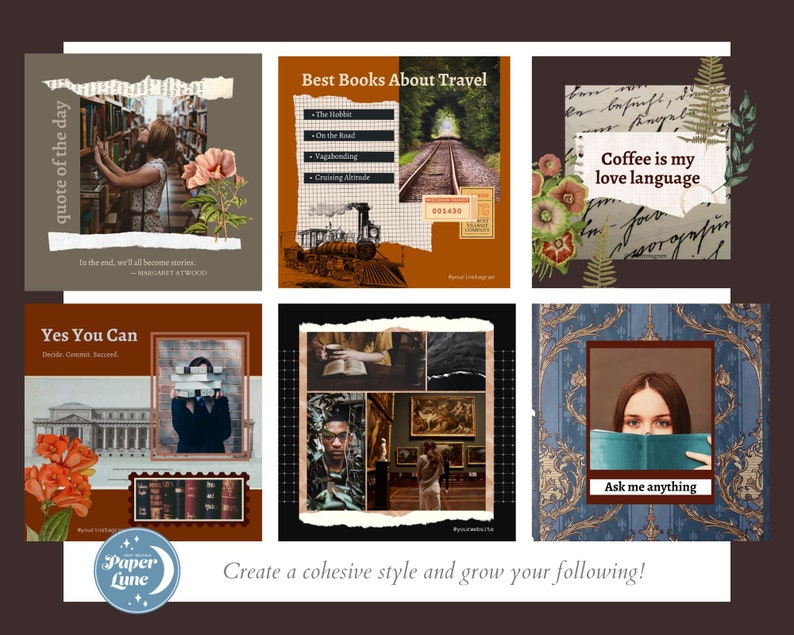 Puede incluir: Un collage de seis im&aacute;genes con una est&eacute;tica vintage marr&oacute;n. Las im&aacute;genes incluyen una cita sobre historias, una lista de libros sobre viajes, una taza de caf&eacute; con el texto "El caf&eacute; es mi idioma del amor", una persona sosteniendo una pila de libros, una persona en un museo y una persona sosteniendo un libro con el texto "Preg&uacute;ntame cualquier cosa".