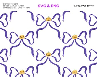 Halloween Purple Bows Vector Seamless Pattern White Background (PNG, SVG Digital Download)