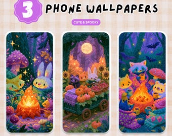3 Spooky and Cute Phone Wallpapers PNG Digital Download