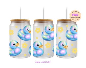 Holo Rubber Ducks 16oz Libbey Can Glass Wrap Design PNG Digital Download for UV DTF transfer, original hand-drawn art, Commercial Use