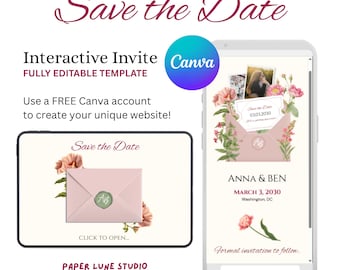 Modern Vintage Heirloom Save the Date Website Template (Digital Download) Canva Template Pink Sage Green Heirloom Wedding Invite