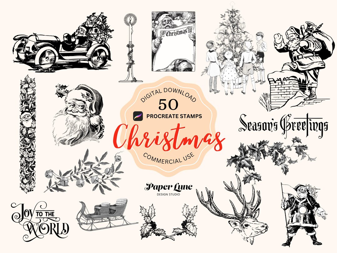 Digital Download CHRISTMAS 50 Procreate Stamps 03PS Brushes Set Vintage ...