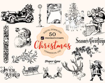 Digital Download CHRISTMAS 50 Procreate Stamps 03PS Brushes Set Vintage Journal, Dark Academia, Winter Holidays, Tattoos, Commercial Use