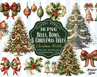 Vintage Christmas Clipart Bundle: Trees, Bells & Bows (Digital Download)