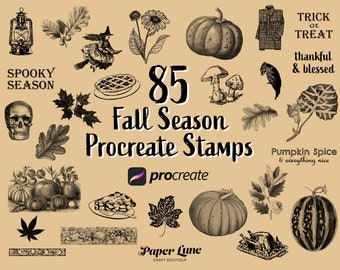 85 Fall Procreate Stamps: Pumpkins, Halloween, Vintage (Digital Download)