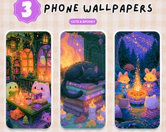 3 Spooky and Cute Phone Wallpapers PNG Digital Download