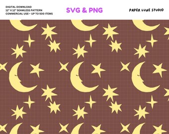 Moon Stars Vector Seamless Pattern Brown Background (PNG, SVG Digital Download)