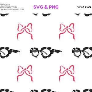 Puede incluir: Patrón sin costuras con gafas de sol negras con monturas en forma de flor y lazos rosas sobre fondo blanco. El diseño incluye el texto "SVG & PNG" y "DESCARGA DIGITAL PATRÓN SIN COSTURAS DE 12" x 12" USO COMERCIAL - HASTA 500 ARTÍCULOS".