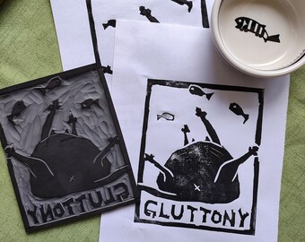 The Cat of Gluttony - Lino Print