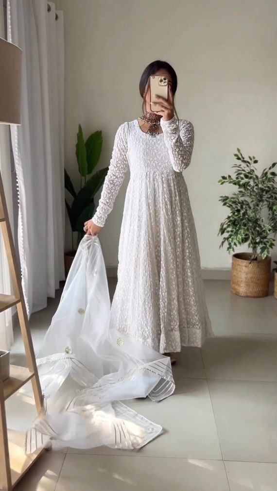 White Lukhnowi Anarkaili Dress Indian Pakistani Dress for Girl 