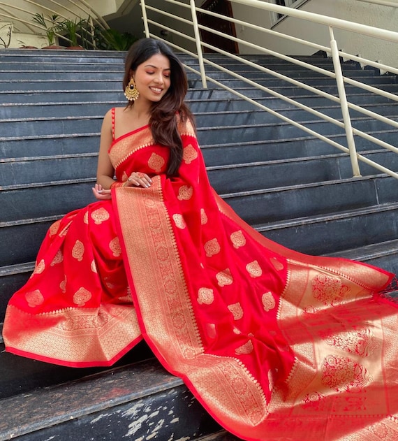 South Indian Pure Lichi Silk Red Saree Traditional Wedding