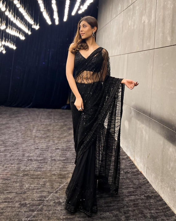 Reception wear Black Color Saree designer sarees for women - Etsy Polska