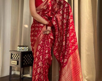 Red color Pure Silk Indian Kanchipuram/Traditional/Wedding/Partywear/Weaving Work Saree With Unstitched Running Blouse Indian saree