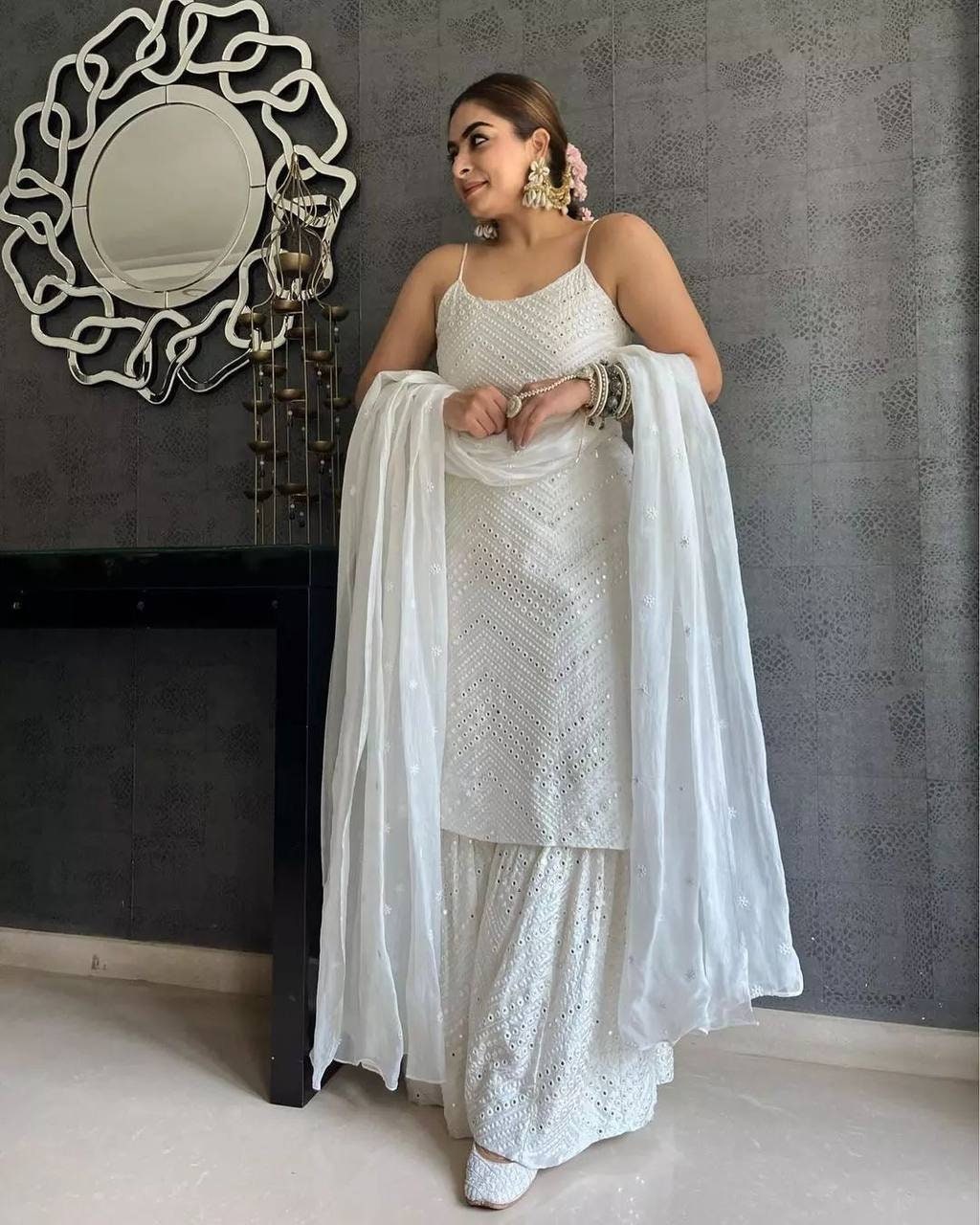 Punjabi Salwar Suit White Color Beautiful Lucknowi Chikankari
