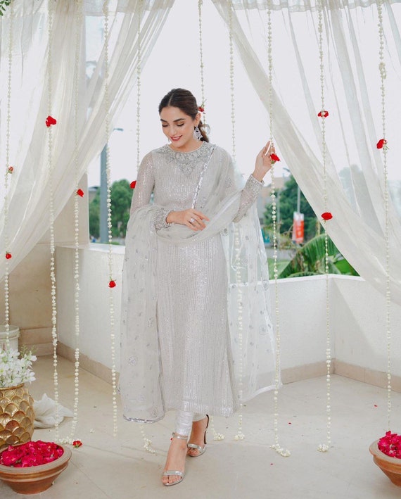 White Beautiful Anarkaili Dress,indian Pakistani Dress for Girl