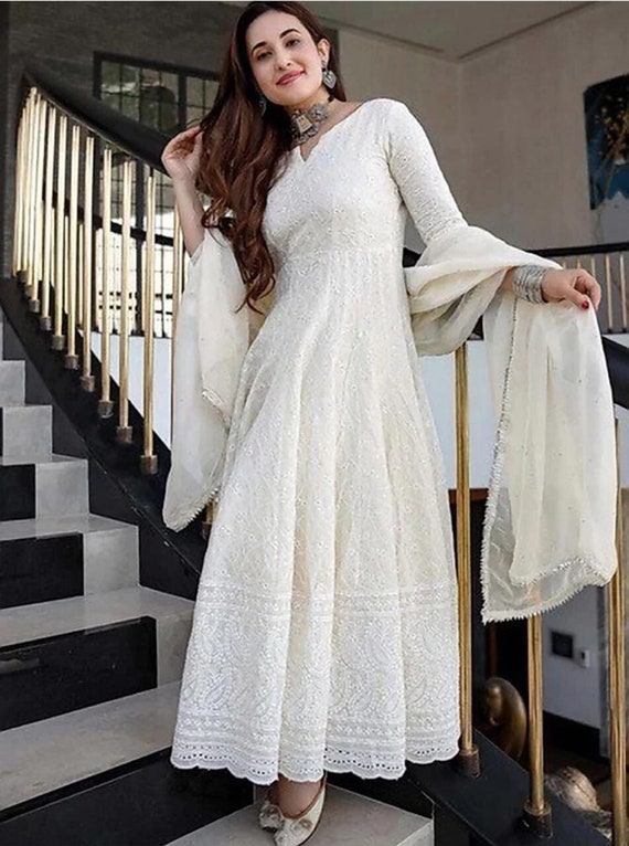 Indian White Organza Nylon Flared Long Gown With Dupatta, Traditional Party  Wear, Pakistani Beautiful Ruffled Maxi Outfit for Women USA - Etsy