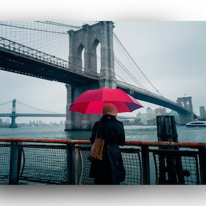 The Pink Umbrella - Brooklyn Bridge NYC Photo Print - New York City Wall Art Cityscape